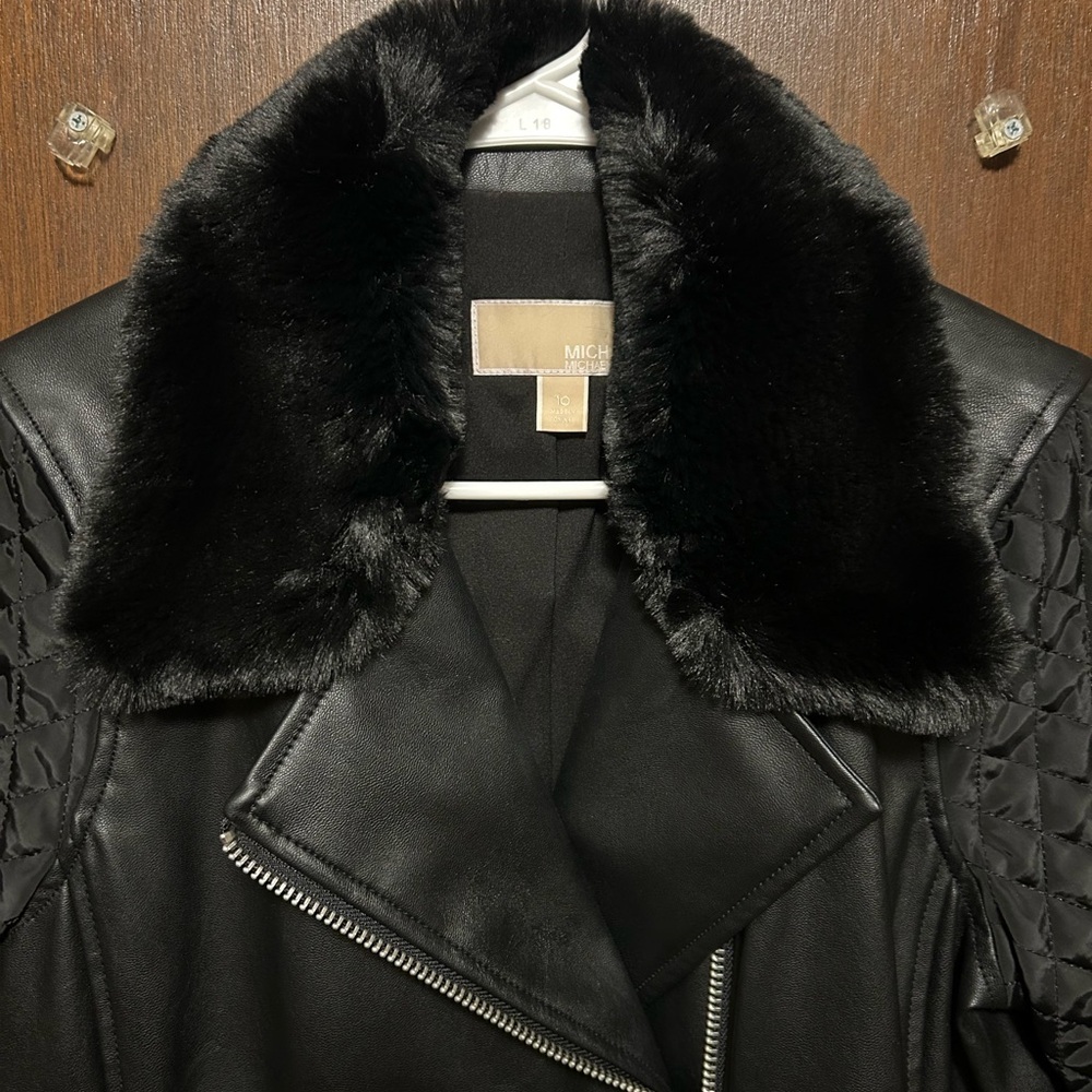 Michael Kors Faux Leather Fur Biker Jacket Women’s 10 Black Quilted - Picture 5 of 6